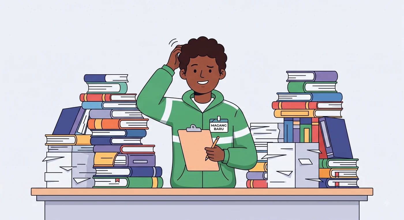 Ilustrasi berlatar terang: seorang anak magang bertanda pengenal MAGANG BARU berdiri sambil garuk kepala dan megang papan jalan, dikelilingi tumpukan buku dan kertas yang tinggi banget di kanan kirinya.