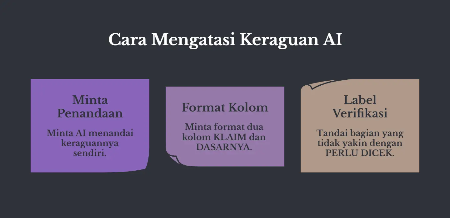 Tiga kartu catatan berjejer berlatar gelap, judulnya Cara Mengatasi Keraguan AI. Minta Penandaan: minta AI menandai keraguannya sendiri. Format Kolom: minta format dua kolom KLAIM dan DASARNYA. Label Verifikasi: tandai bagian yang tidak yakin dengan PERLU DICEK.