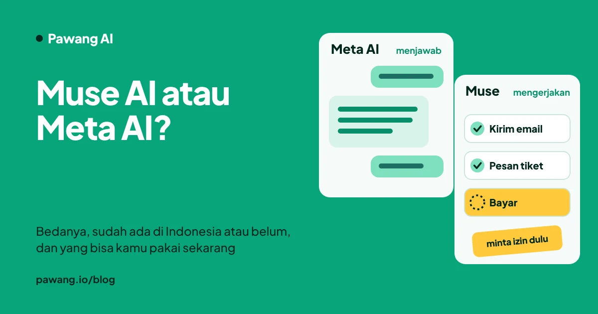 Ilustrasi Muse AI vs Meta AI: chat yang menjawab dan agen AI yang mengerjakan tugas